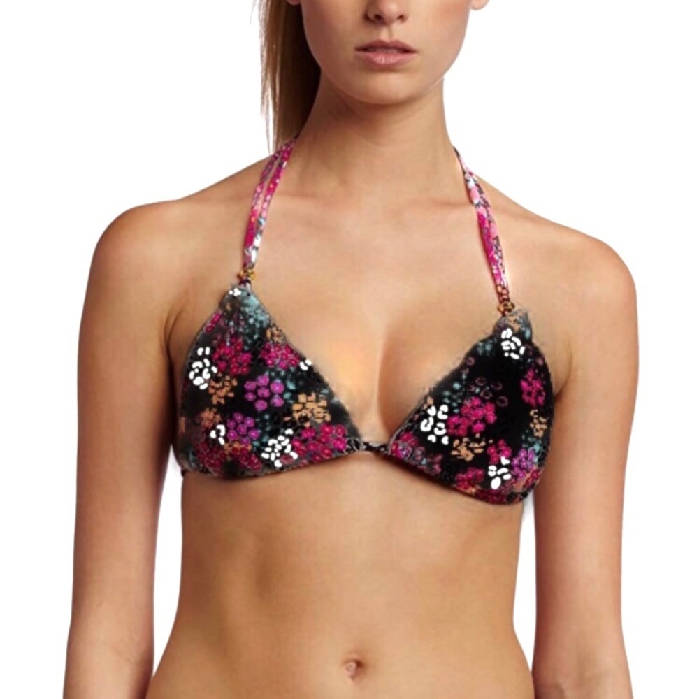 💋Sofia Vix Black Pastel Floral Triangle Cut Halter Tie Bikini Top